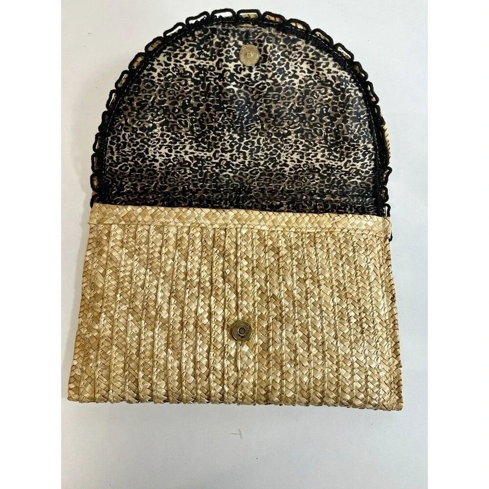 Shiraleah Straw Envelope Clutch Purse W/ Black Trim. Leopard Lining Snap Closure